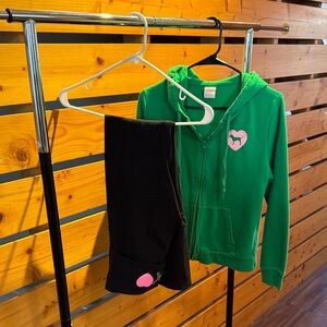 PINK Green Hoodie and Black Pants Set